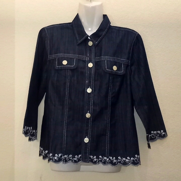 Christopher & Banks Denim Shirt with Dipped Scalloped Trim - Picture 3 of 13